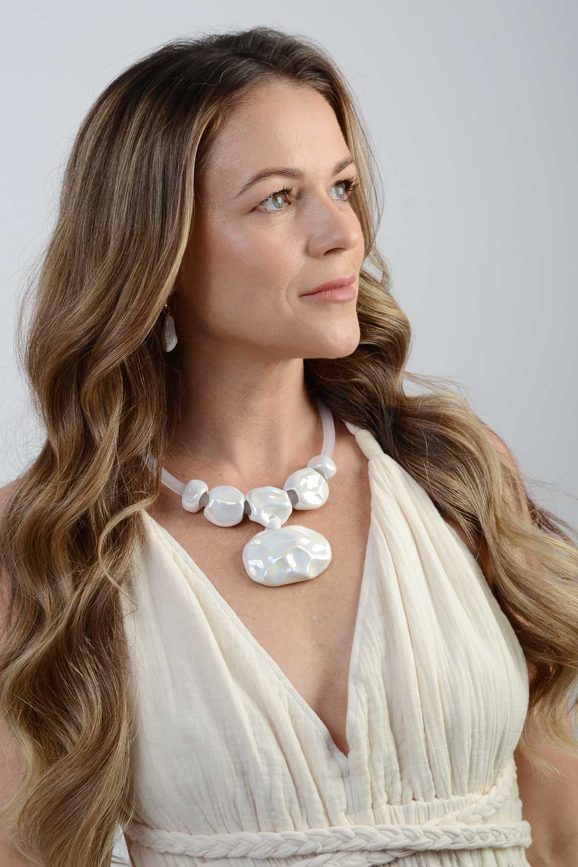 Artisan Modern Ceramic Necklace With White Pendant