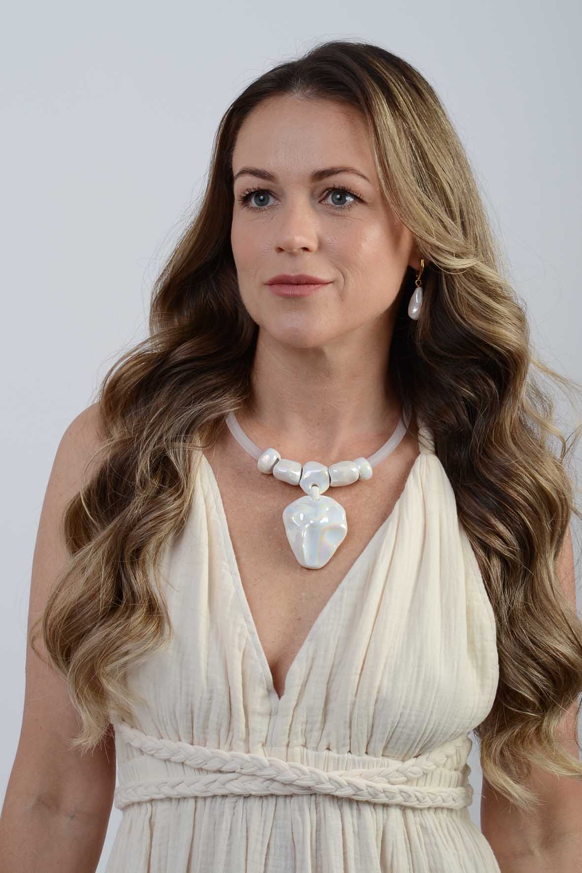Artisan Modern Ceramic Necklace With White Pendant