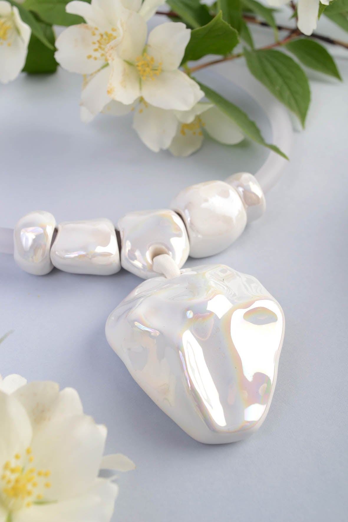 Artisan Modern Ceramic Necklace With White Pendant