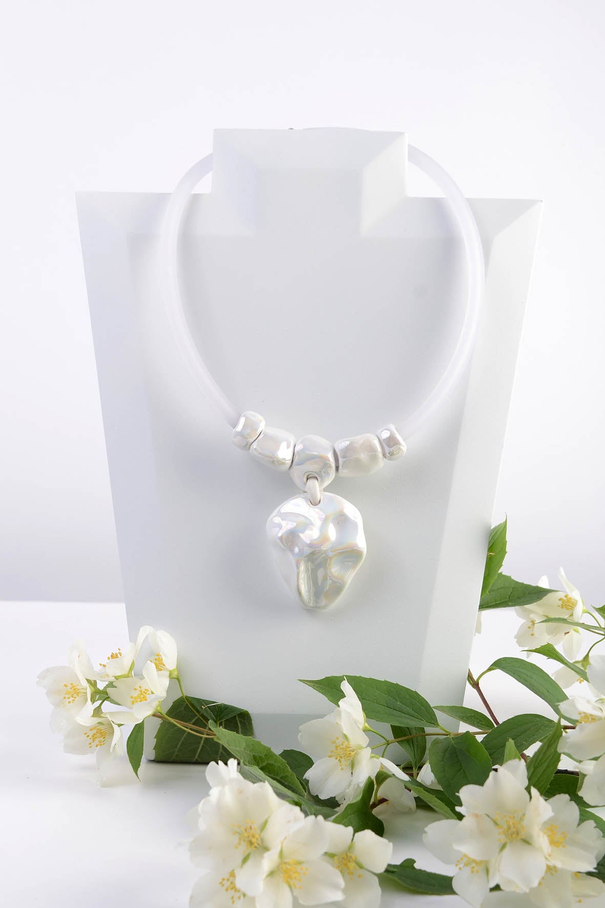 Artisan Modern Ceramic Necklace With White Pendant
