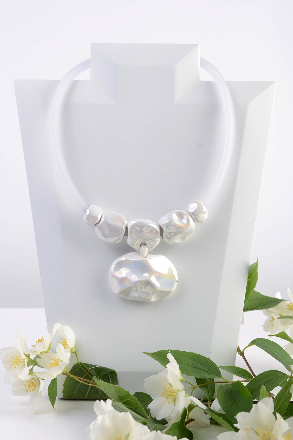 Artisan Modern Ceramic Necklace With White Pendant