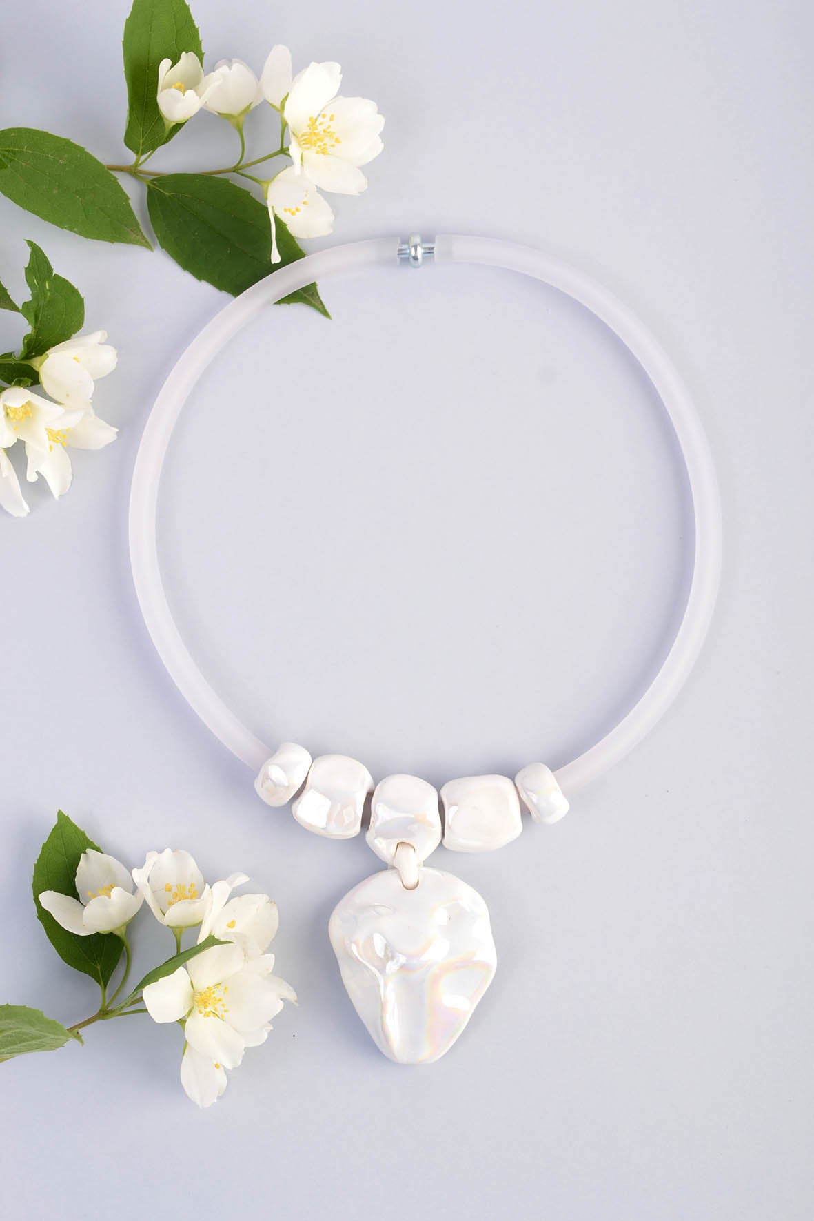 Artisan Modern Ceramic Necklace With White Pendant
