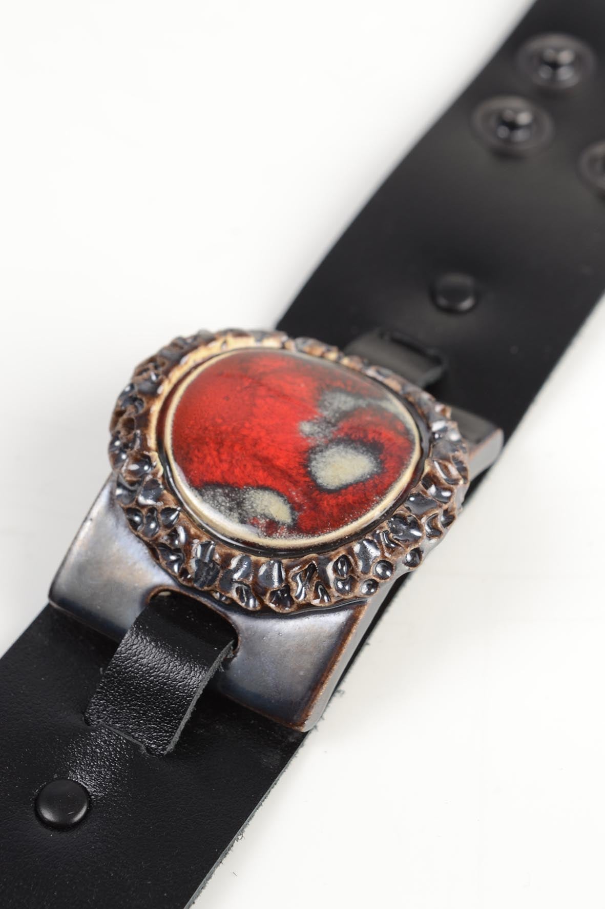 Chunky Bracelet – Red Ceramic & Leather Designer Piece