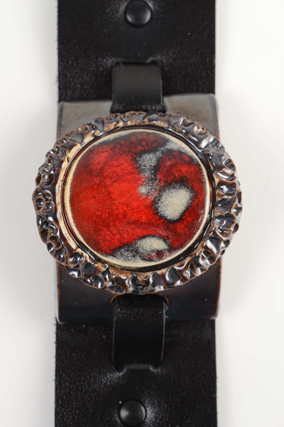 Chunky Bracelet – Red Ceramic & Leather Designer Piece