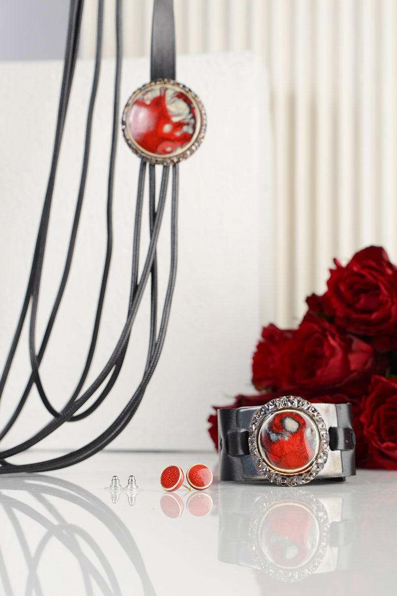 Chunky Bracelet – Red Ceramic & Leather Designer Piece