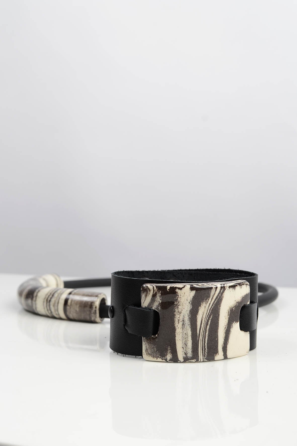 White & Black Bracelet, Genuine Leather & Ceramic Bracelet