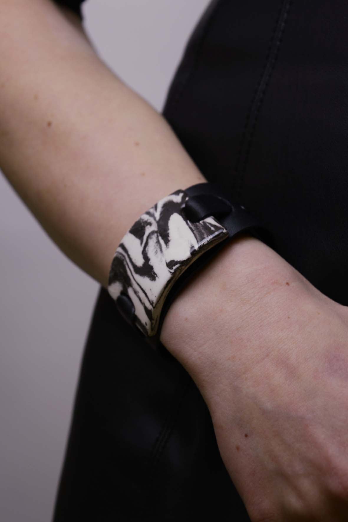 White & Black Bracelet, Genuine Leather & Ceramic Bracelet