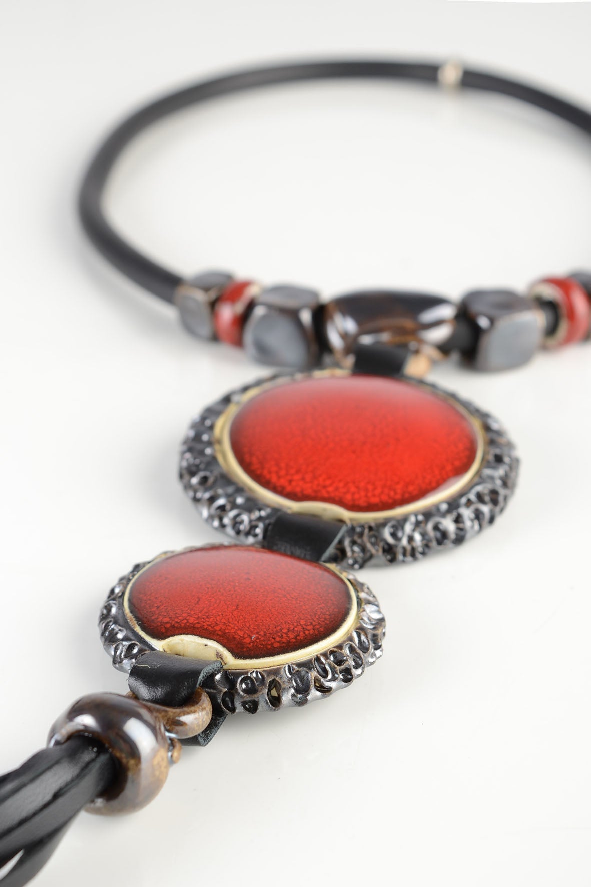 Long Leather Tassel Necklace in Red