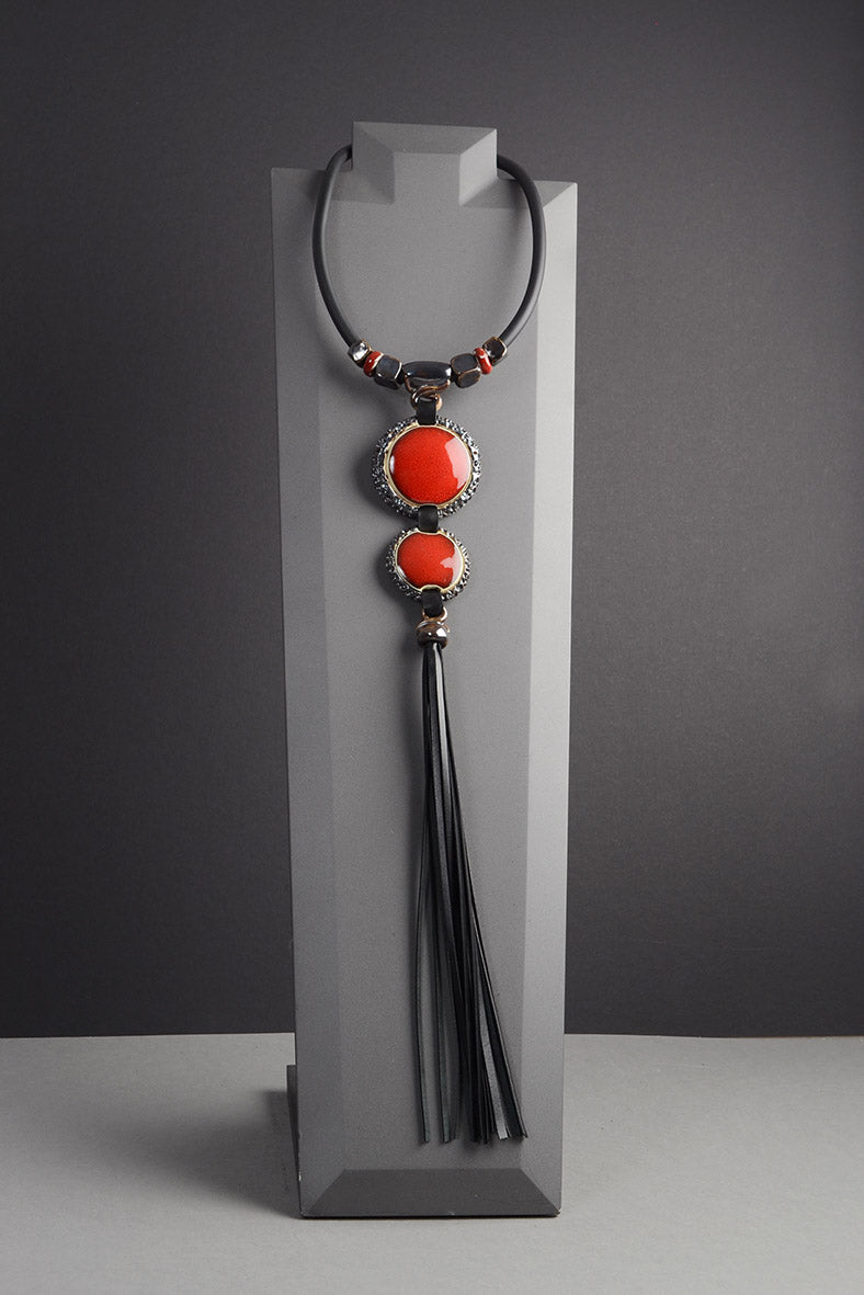 Long Leather Tassel Necklace in Red