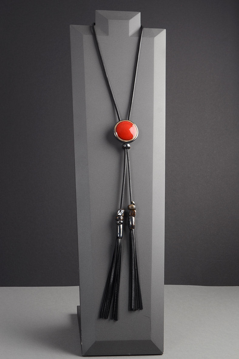 Long Tassel Necklace with Red Ceramic Decor
