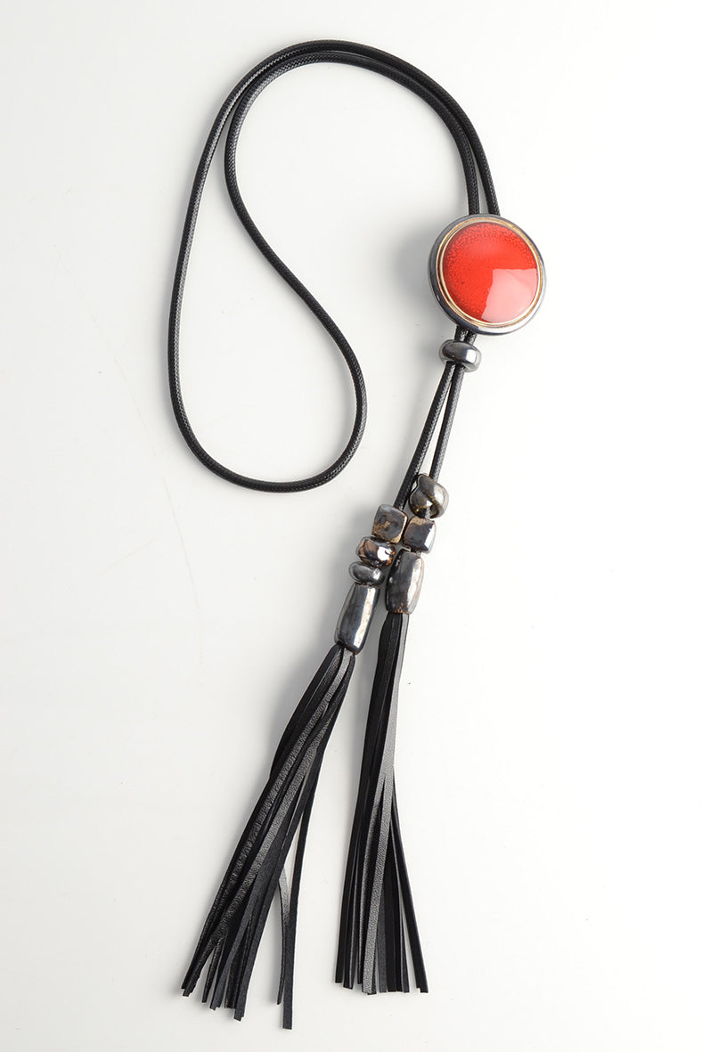 Long Tassel Necklace with Red Ceramic Decor