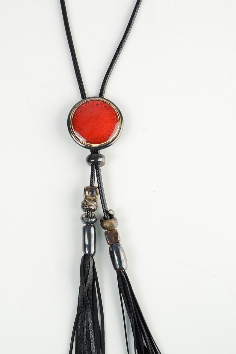 Long Tassel Necklace with Red Ceramic Decor