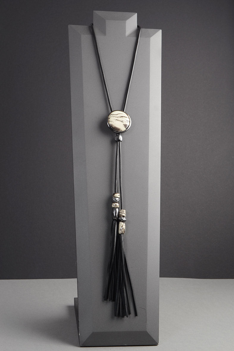 Marble Effect Long Pendant Necklace with Tassel