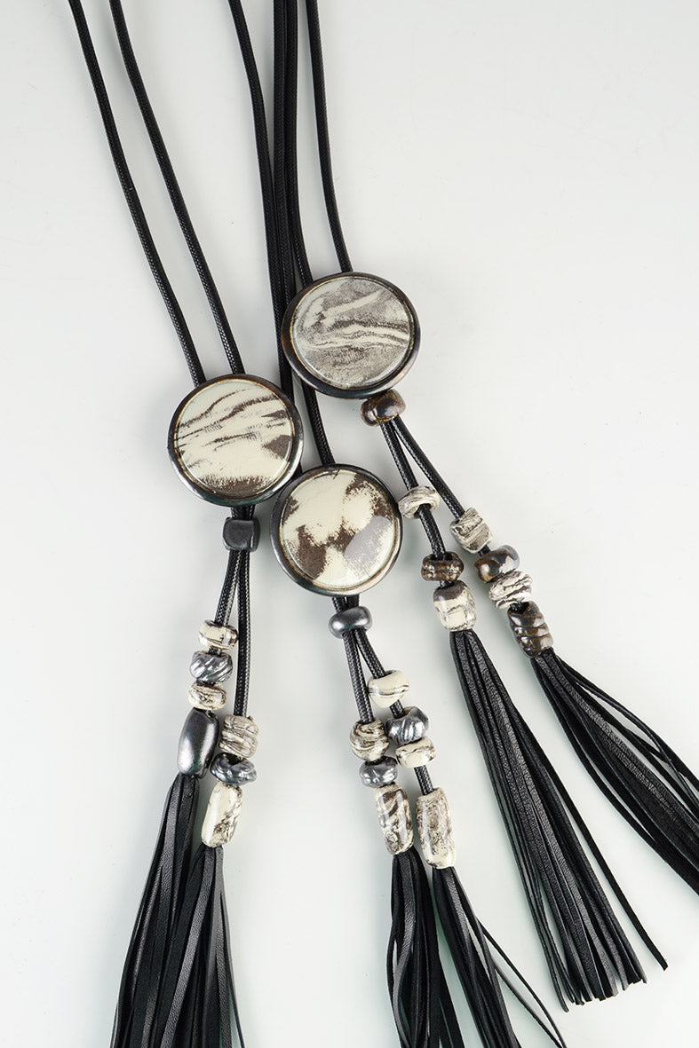 Marble Effect Long Pendant Necklace with Tassel