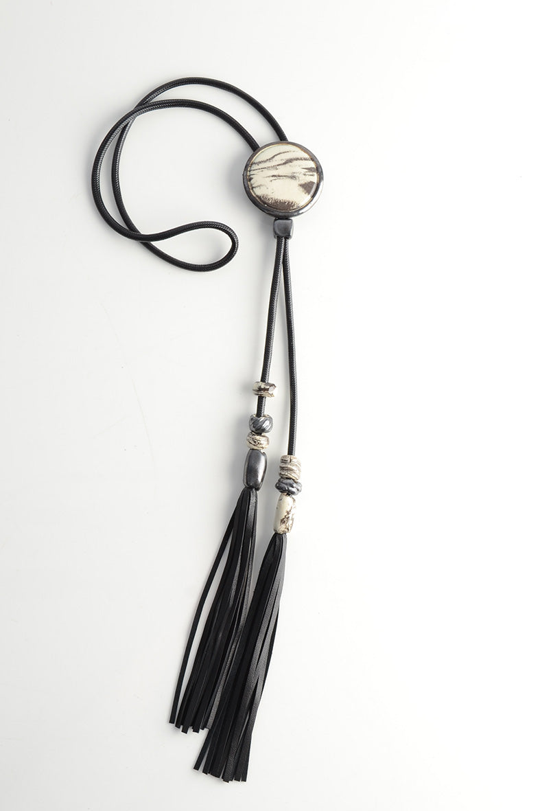 Marble Effect Long Pendant Necklace with Tassel