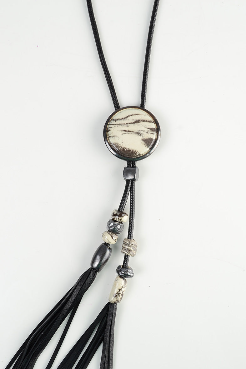 Marble Effect Long Pendant Necklace with Tassel