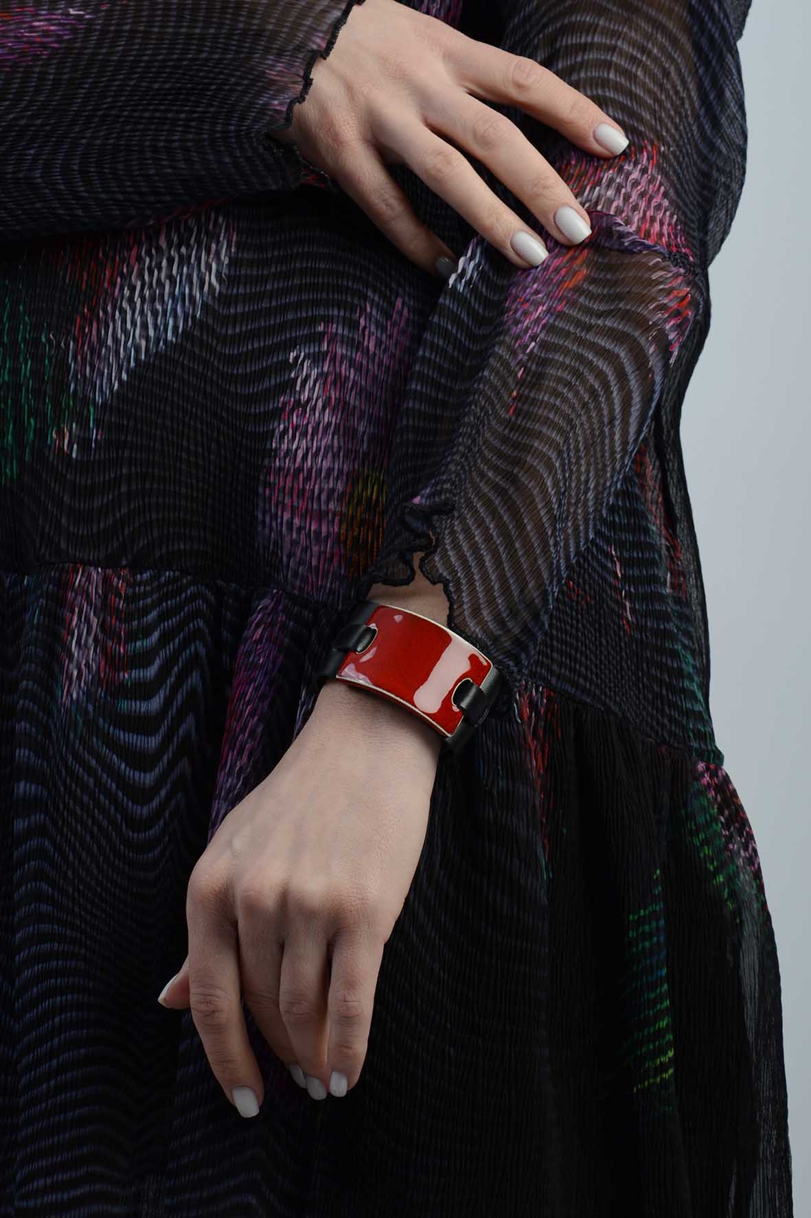 Wide Red Ceramic Leather Bracelet for Women