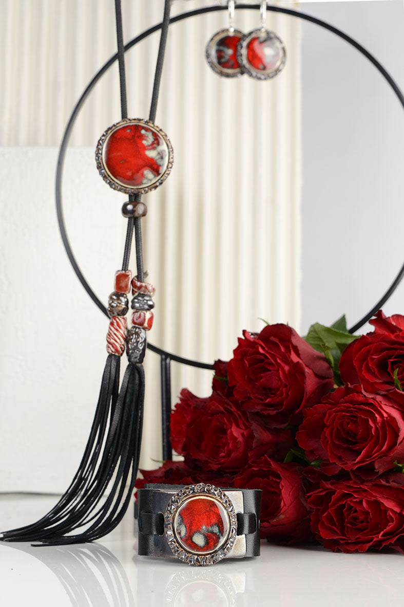 Chunky Bracelet – Red Ceramic & Leather Designer Piece