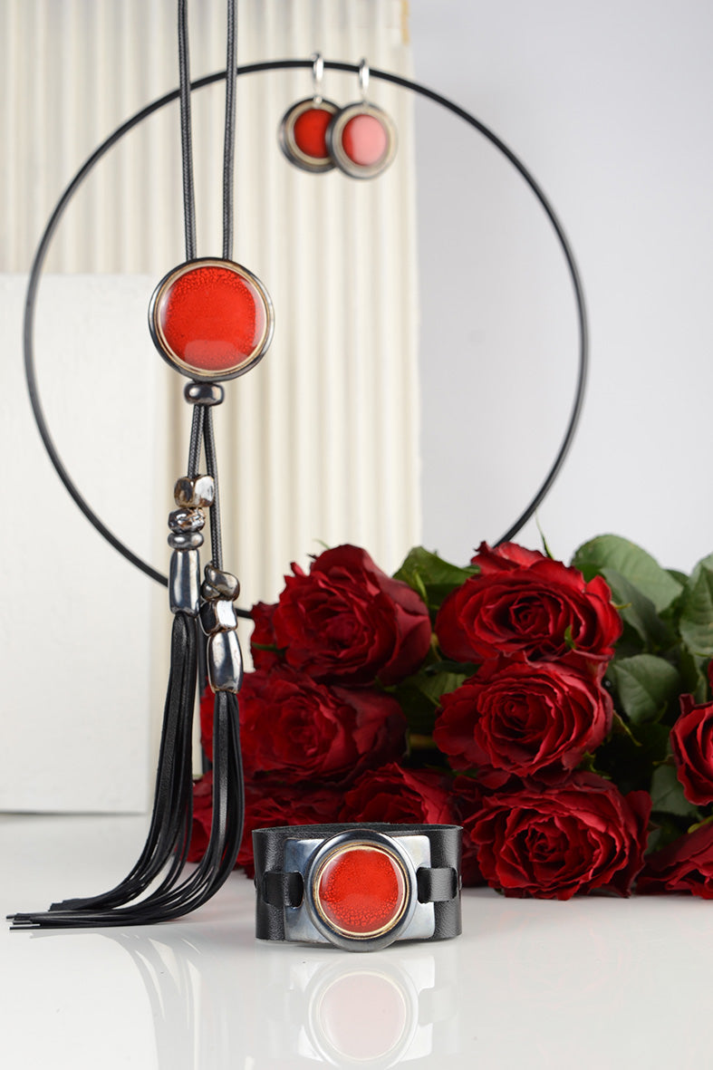 Long Tassel Necklace with Red Ceramic Decor