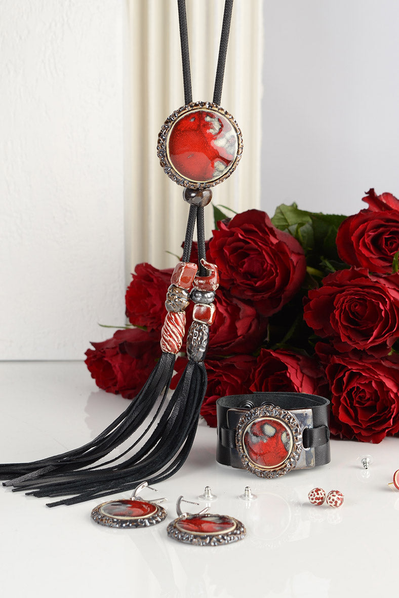 Red & Grey Leather Tassel Necklace