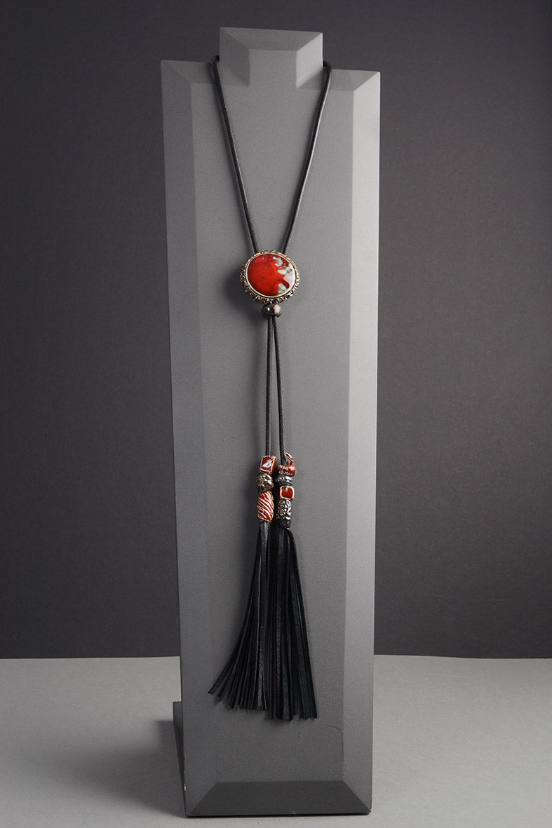 Red & Grey Leather Tassel Necklace