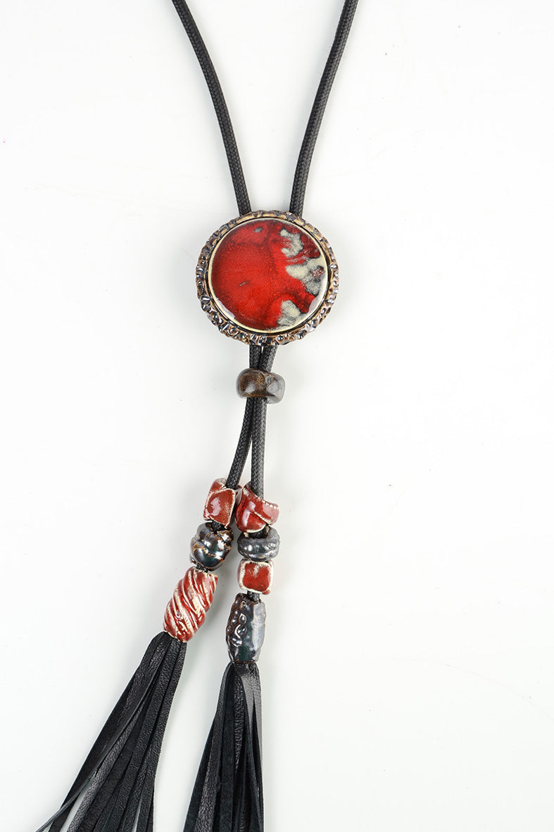 Red & Grey Leather Tassel Necklace