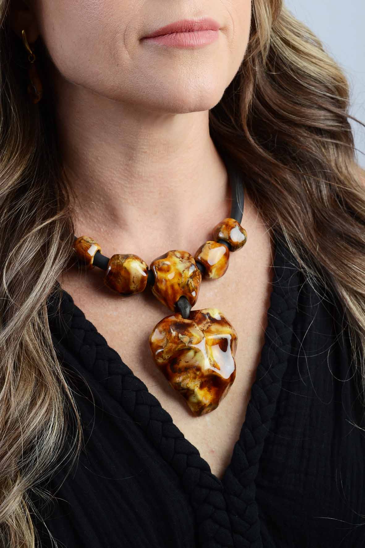 Rustic Necklace With Brown Ceramic Pendant