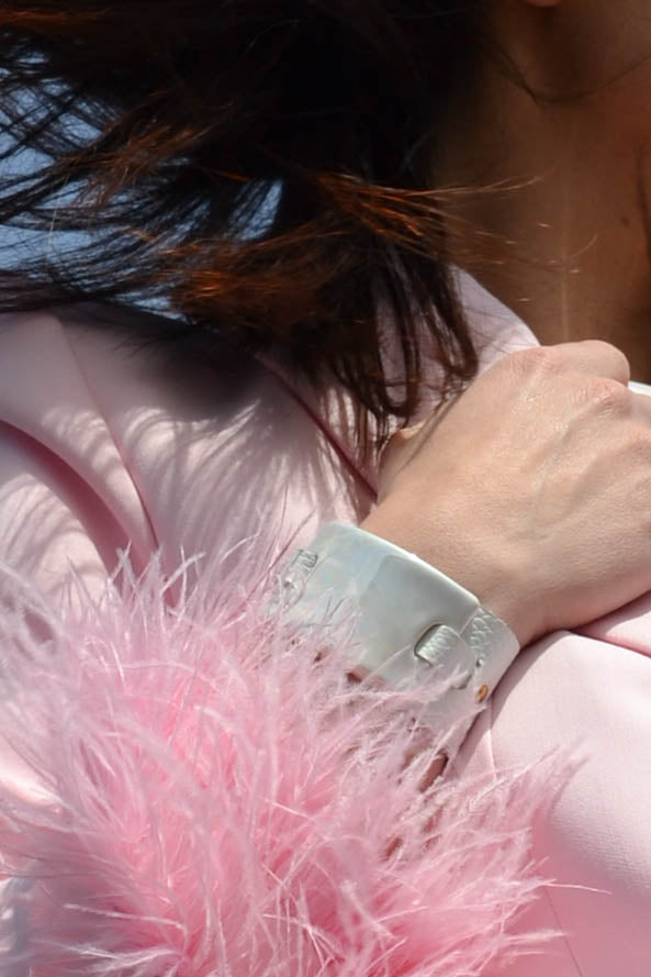 Wide Leather Bracelet with White Ceramic Detail
