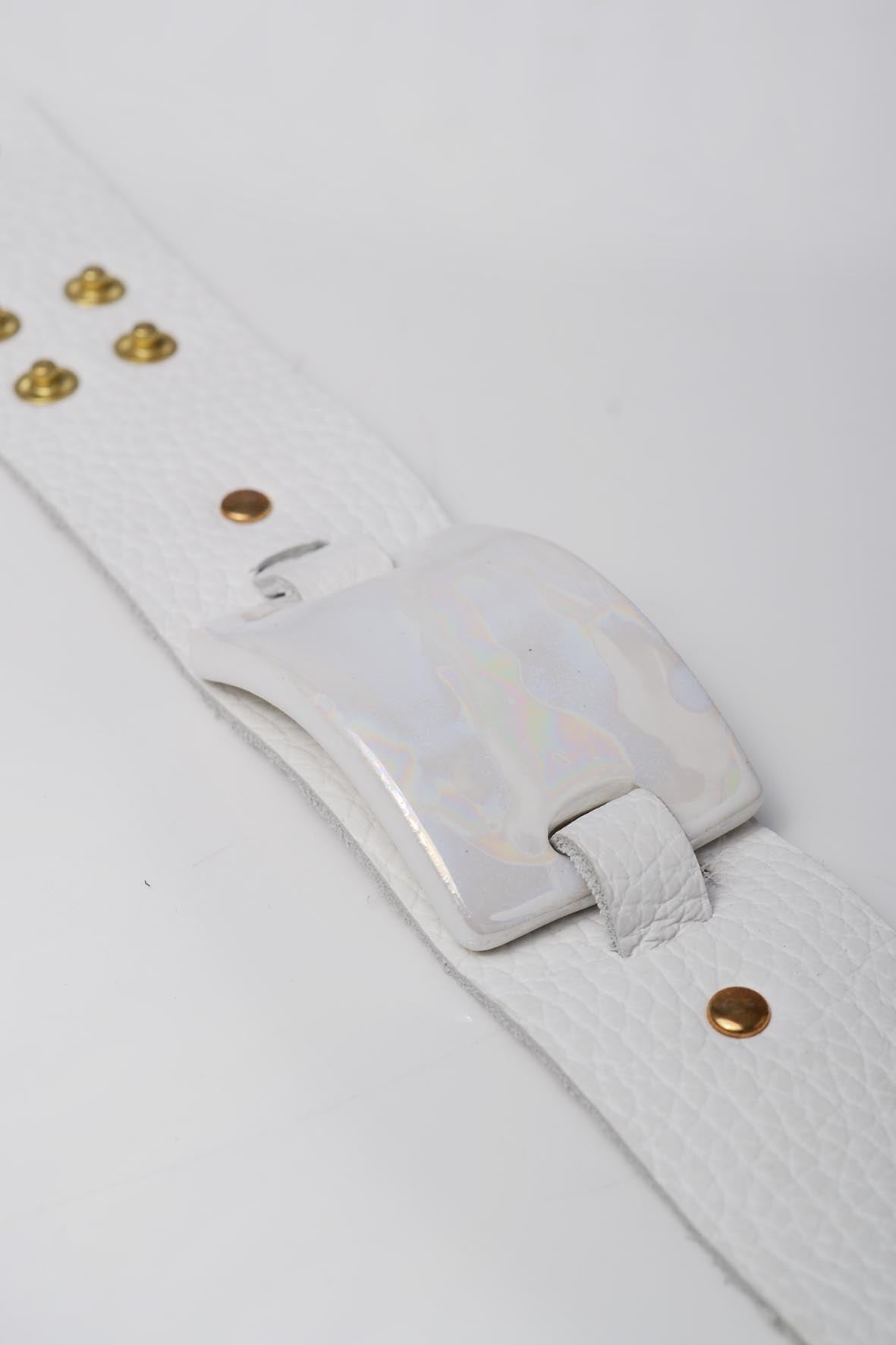 Wide Leather Bracelet with White Ceramic Detail