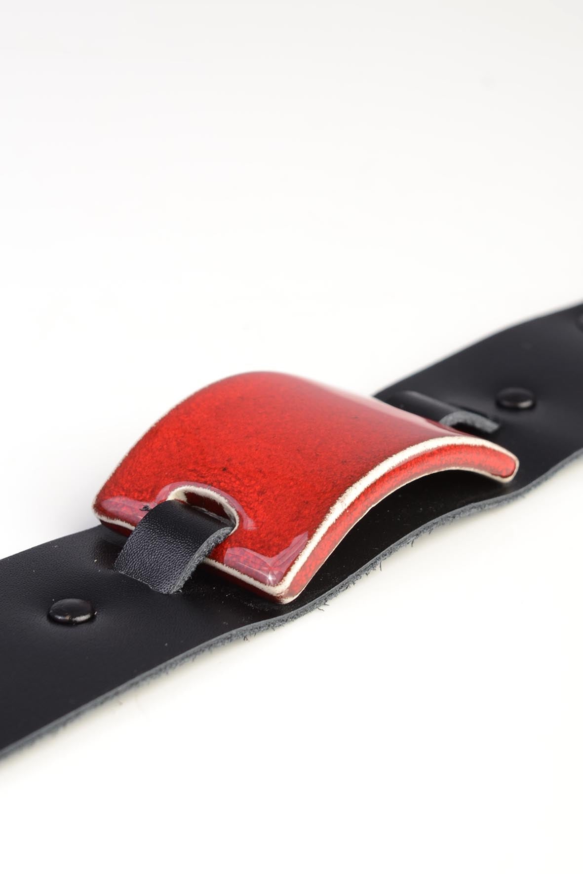 Wide Red Ceramic Leather Bracelet for Women
