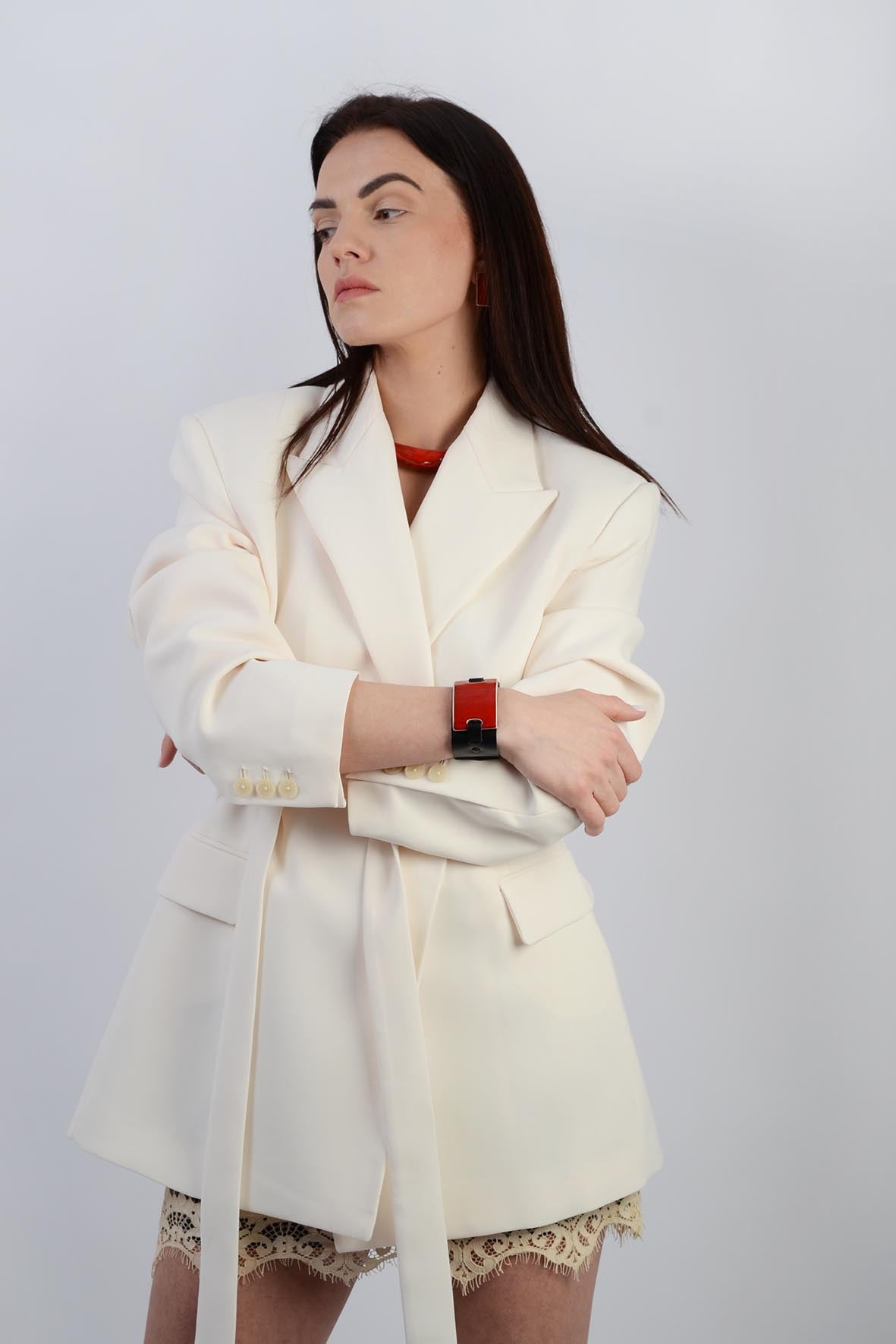 Wide Red Ceramic Leather Bracelet for Women