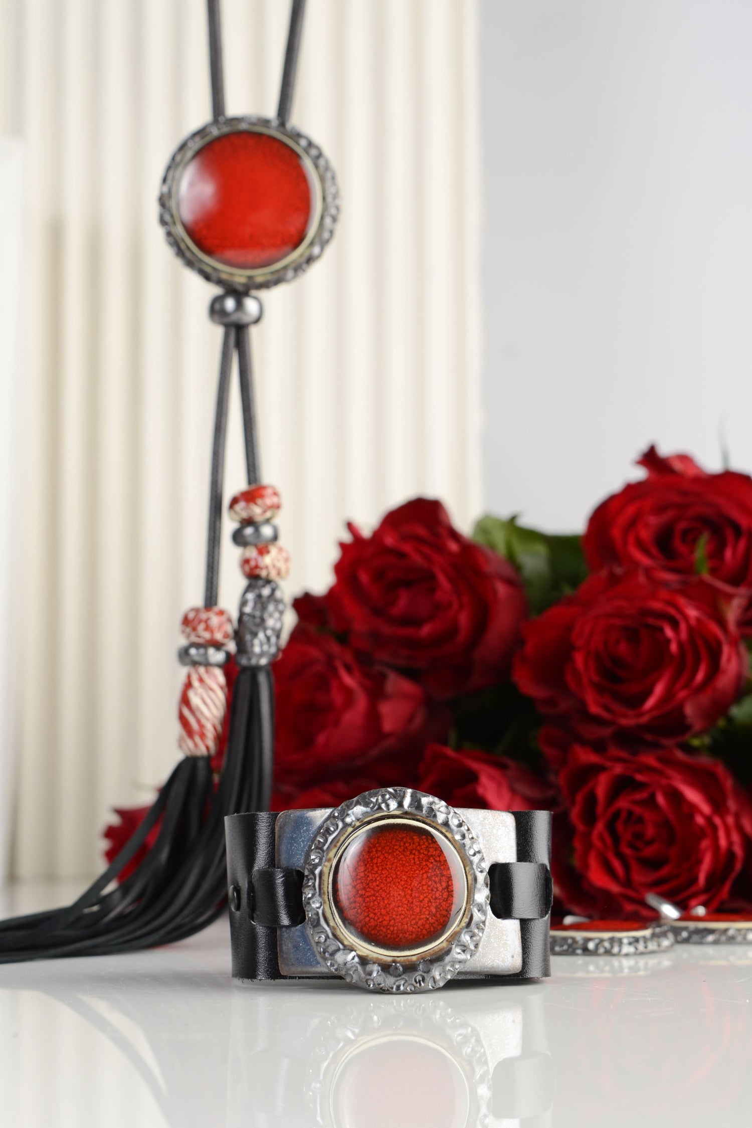 Women's Red Bracelet With Natural Leather